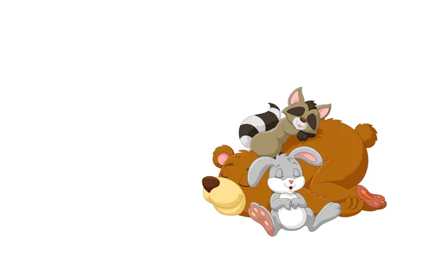 Picture background, sleep, bear, raccoon, Bunny, friends, children's. art