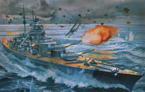 Picture The sky, Sea, Figure, The plane, Ship, Shooting, Battle, Cruiser
