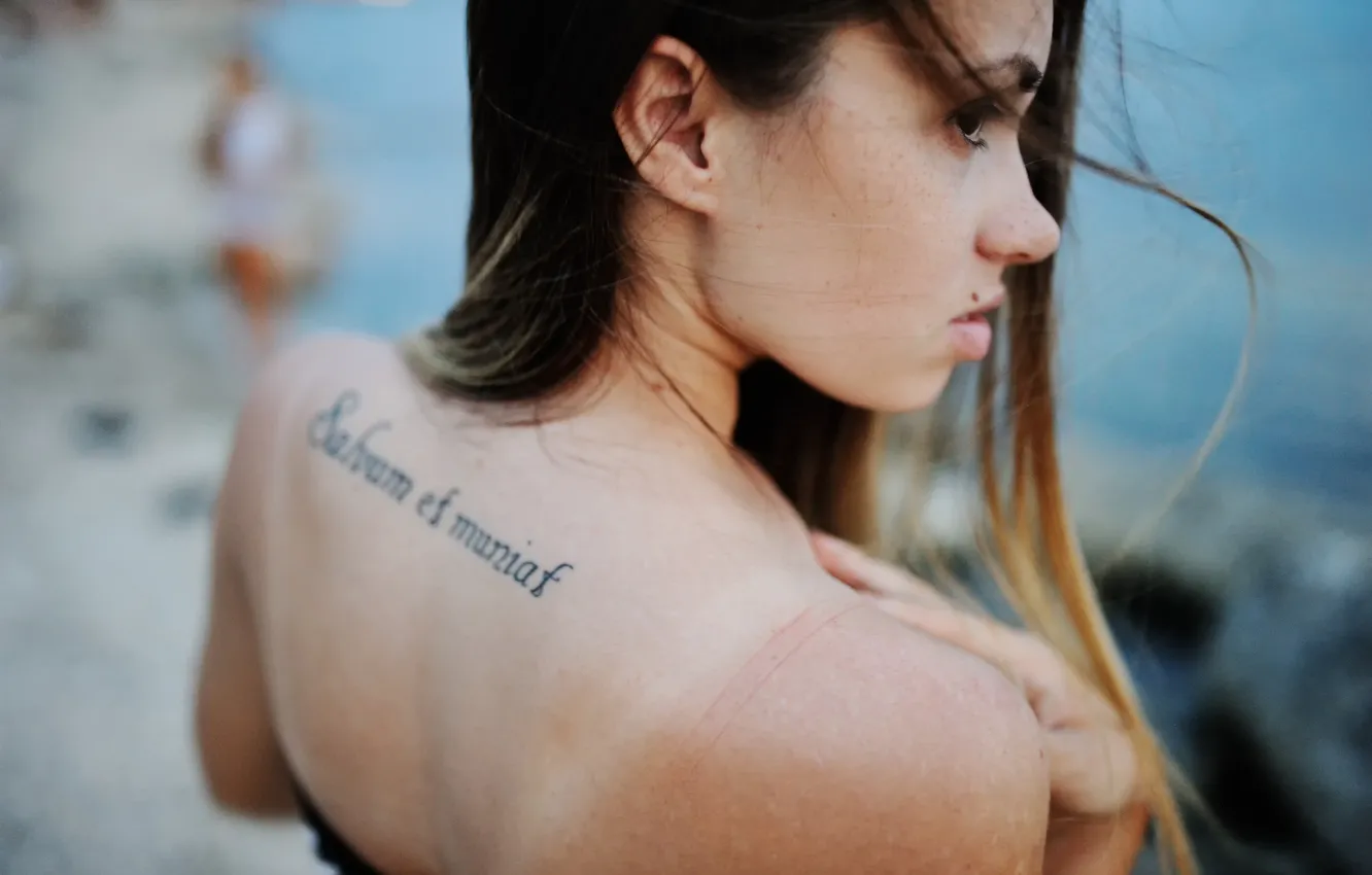 Photo wallpaper model, brunette, back, tatto