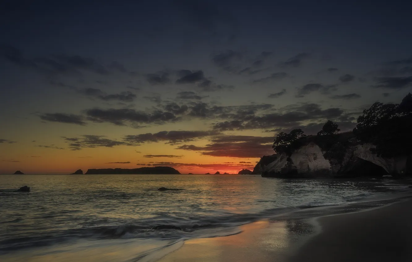 Photo wallpaper sea, the sky, clouds, trees, sunset, rocks, the evening