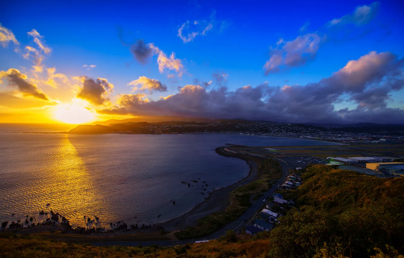 Photo wallpaper sea, the sky, the sun, clouds, sunset, coast, New Zealand, horizon