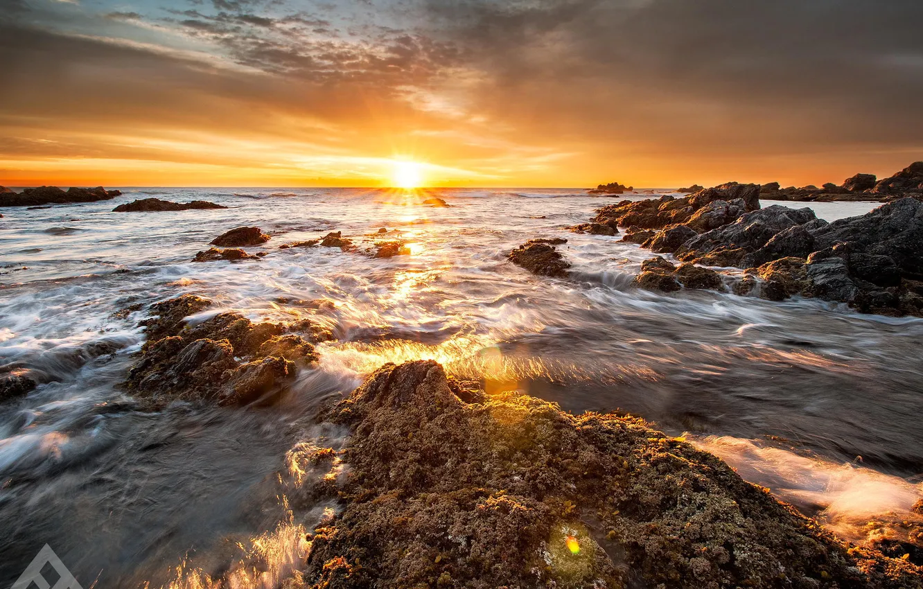 Photo wallpaper beach, stones, the ocean, dawn