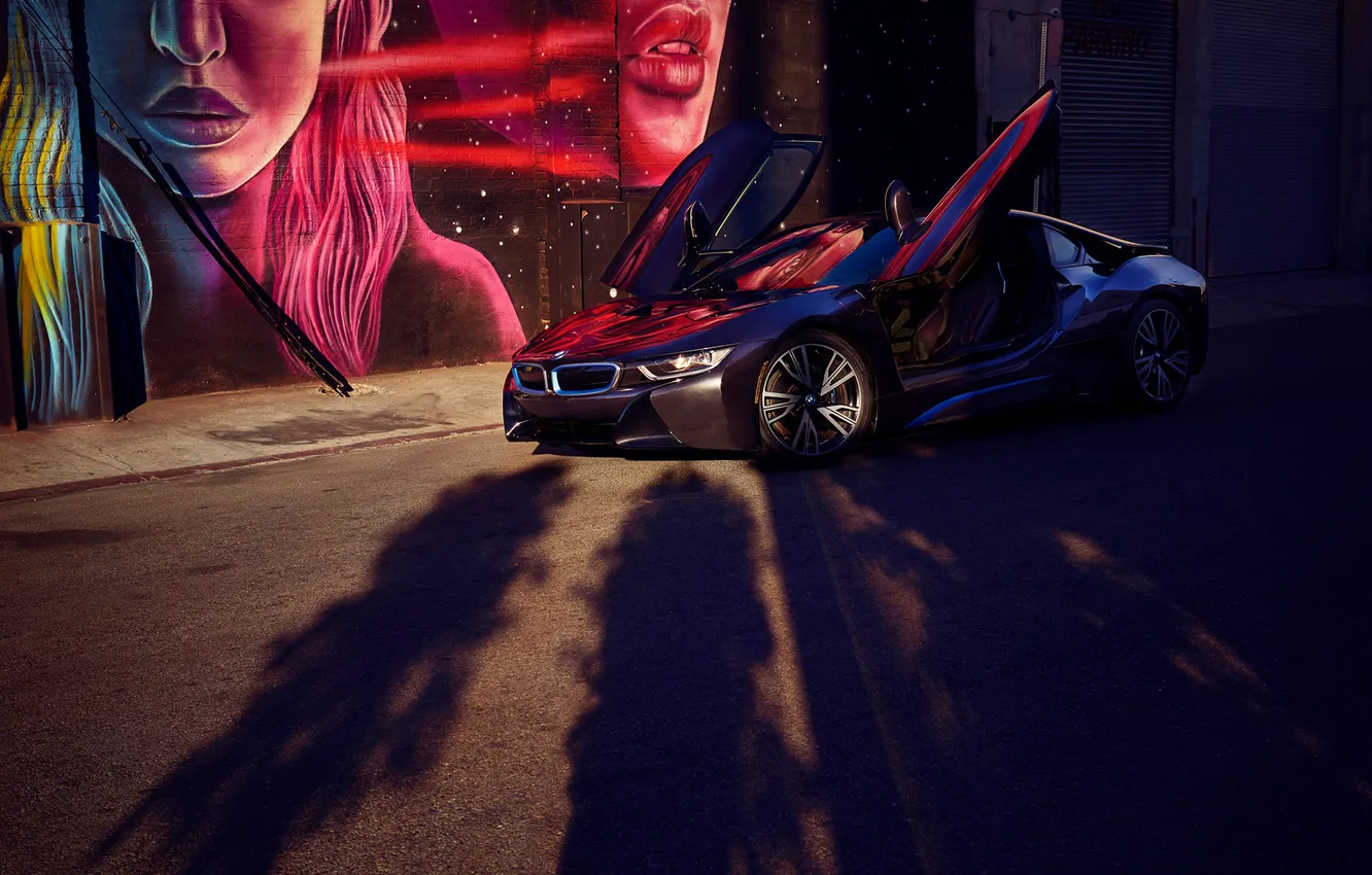 Photo wallpaper machine, trees, view, art, shadows, BMW i8