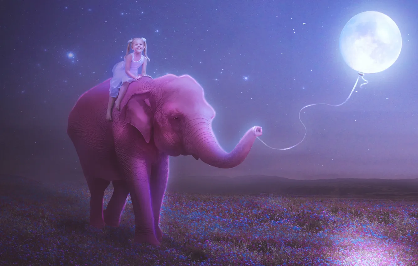 Photo wallpaper the sky, stars, balls, happiness, flowers, night, children, smile