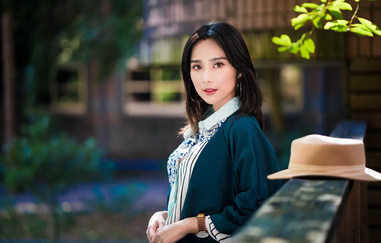 Photo wallpaper girl, hat, Asian, peer, bokeh