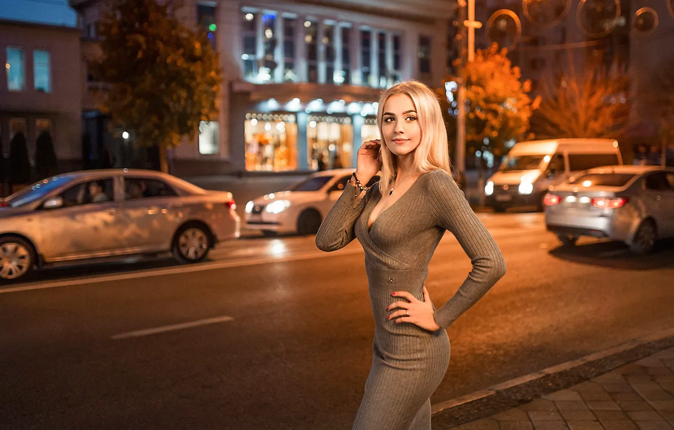 Photo wallpaper road, machine, lights, pose, street, model, portrait, home