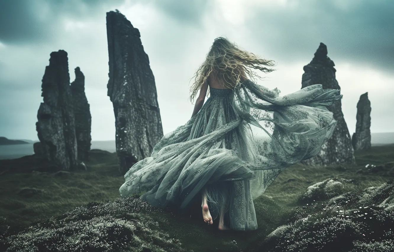 Photo wallpaper field, the sky, girl, clouds, nature, pose, stones, overcast