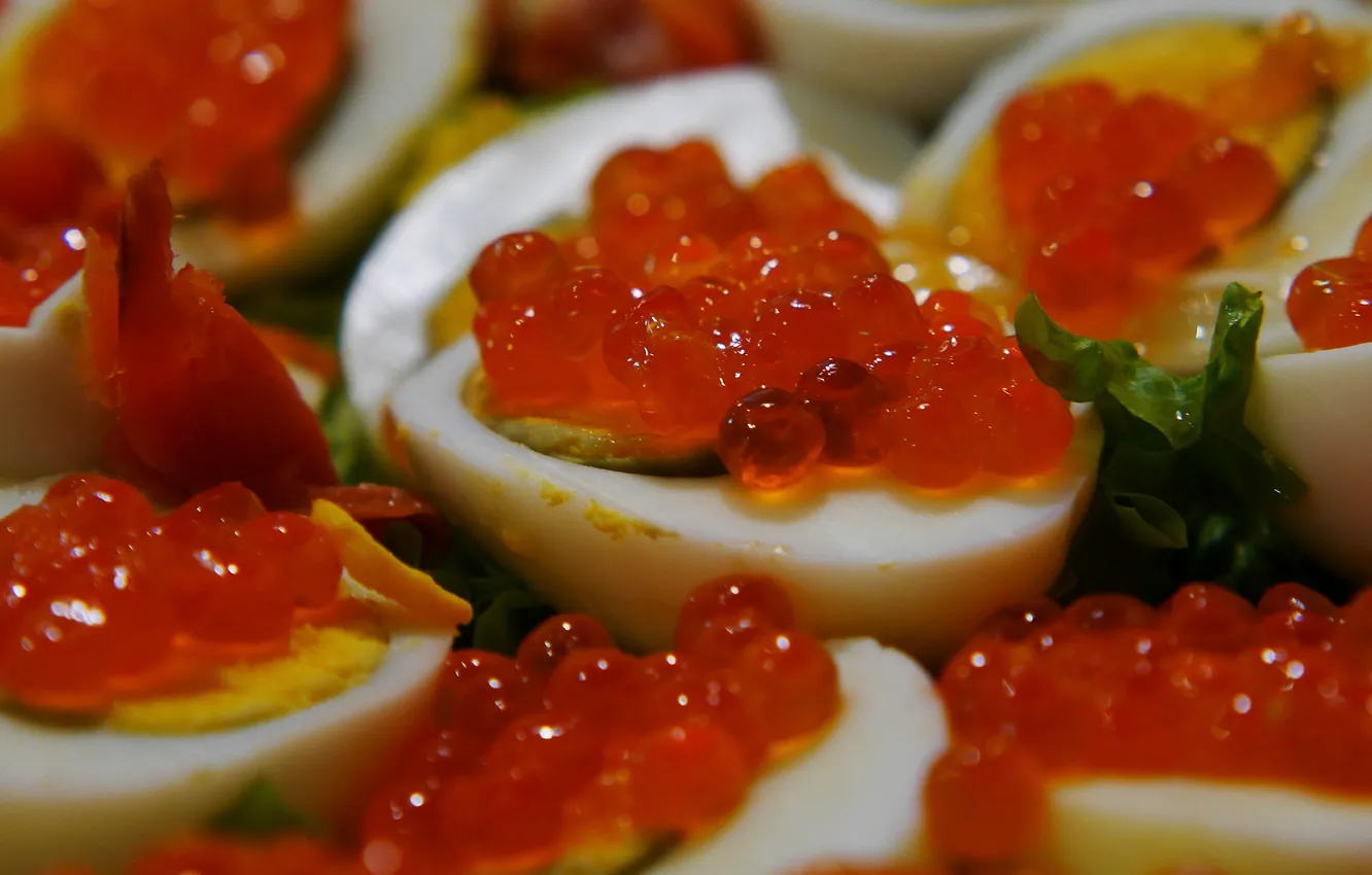 Photo wallpaper greens, macro, food, eggs, halves, caviar, dish, red caviar