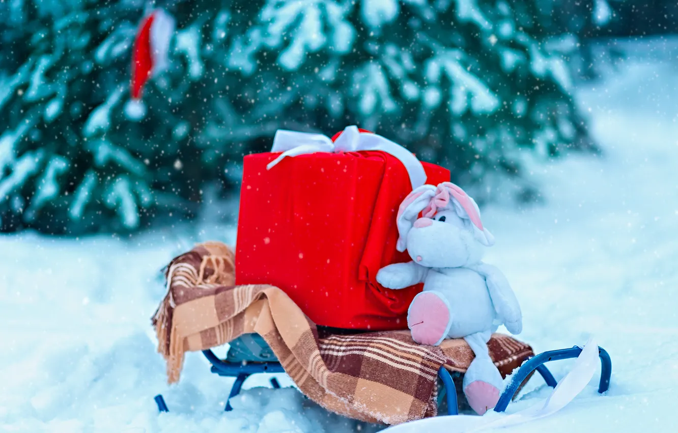 Photo wallpaper winter, forest, gift, toy, New year, sled