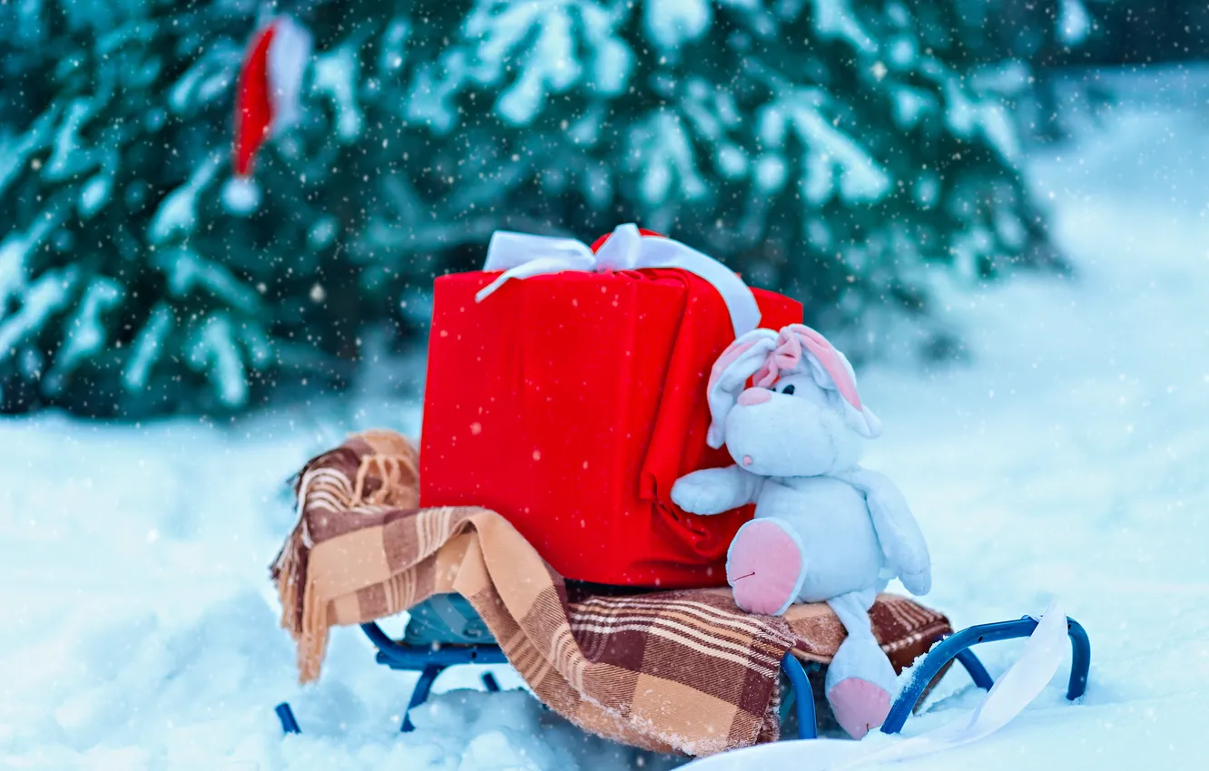 Photo wallpaper winter, forest, gift, toy, new year, sled
