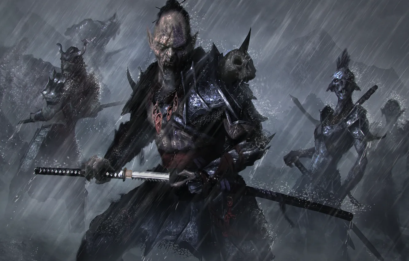 Photo wallpaper rain, sword, art, katana, samurai, orc