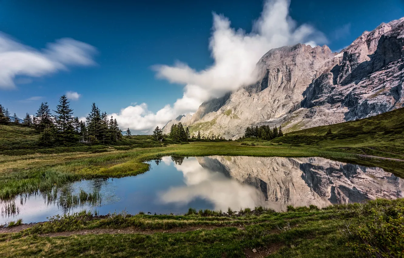 Photo wallpaper clouds, landscape, mountains, lake