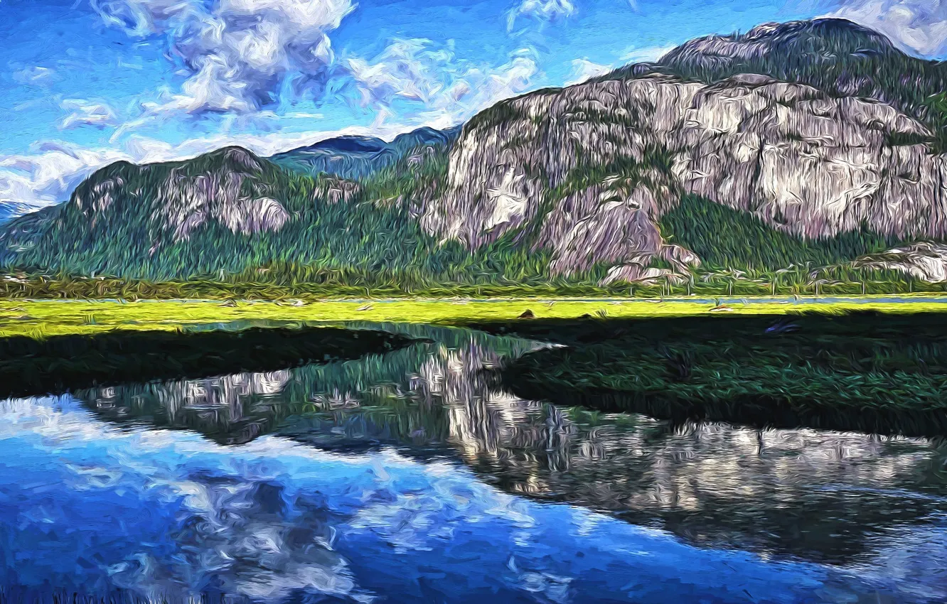 Photo wallpaper Nature, Mountains, Lake, Rendering