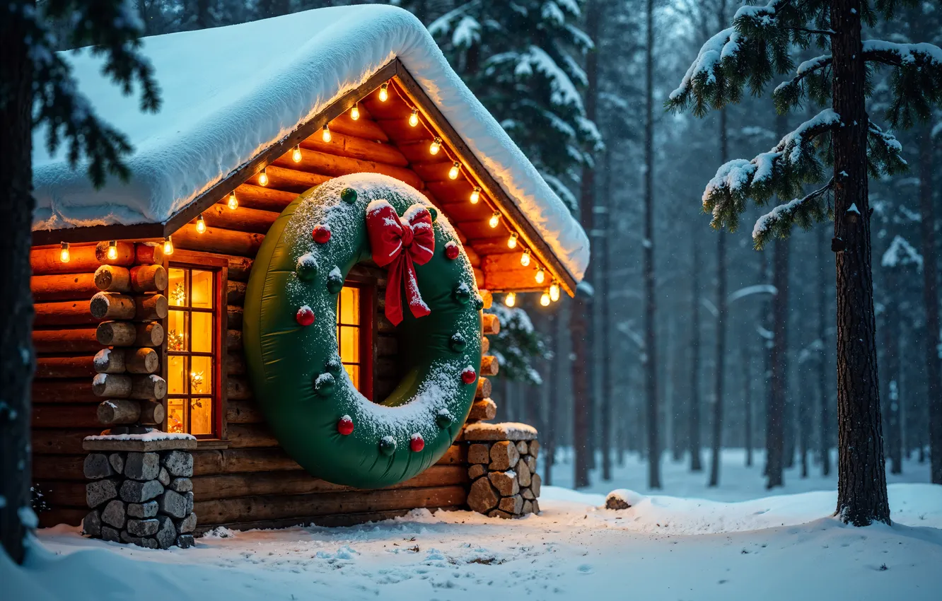 Photo wallpaper snow, decoration, night, lights, tree, new year, home, Christmas