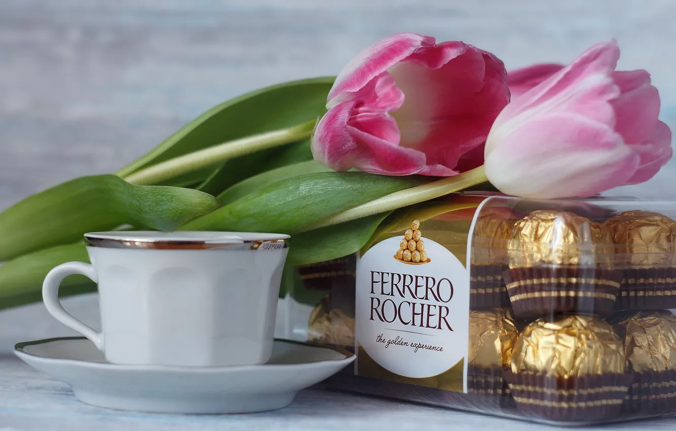 Photo wallpaper flowers, table, gift, tea, bouquet, candy, the tea party, Cup