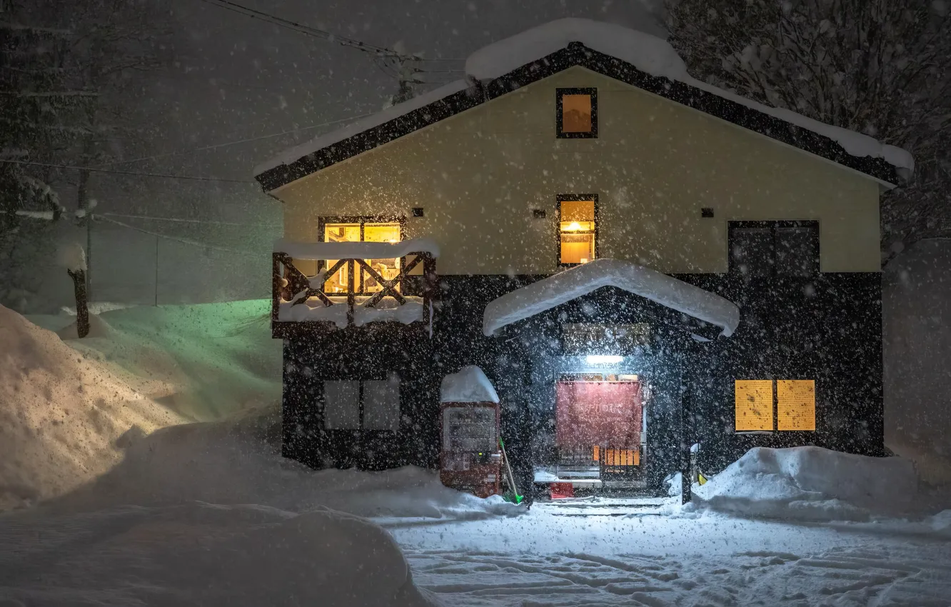 Photo wallpaper house, home, winter, evening, winter, the evening, snowfall, snowfall