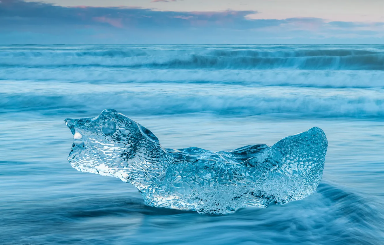 Photo wallpaper ice, winter, sea, wave, clouds, nature, transparent, shore