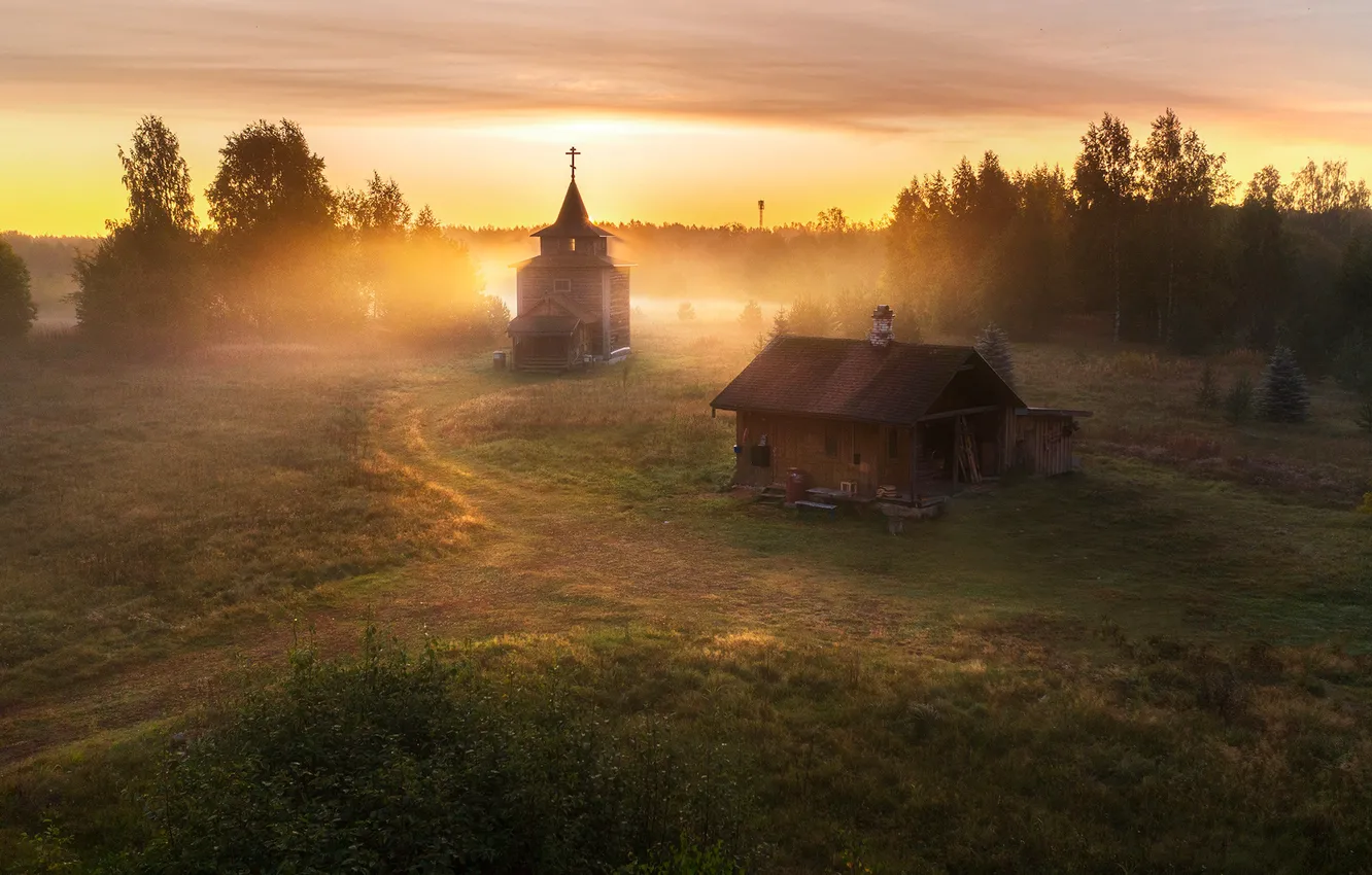 Photo wallpaper landscape, nature, fog, house, morning, Church, backwoods, Andrey Bazanov