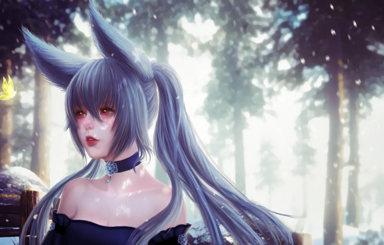 Photo wallpaper girl, butterfly, anime, art, ears