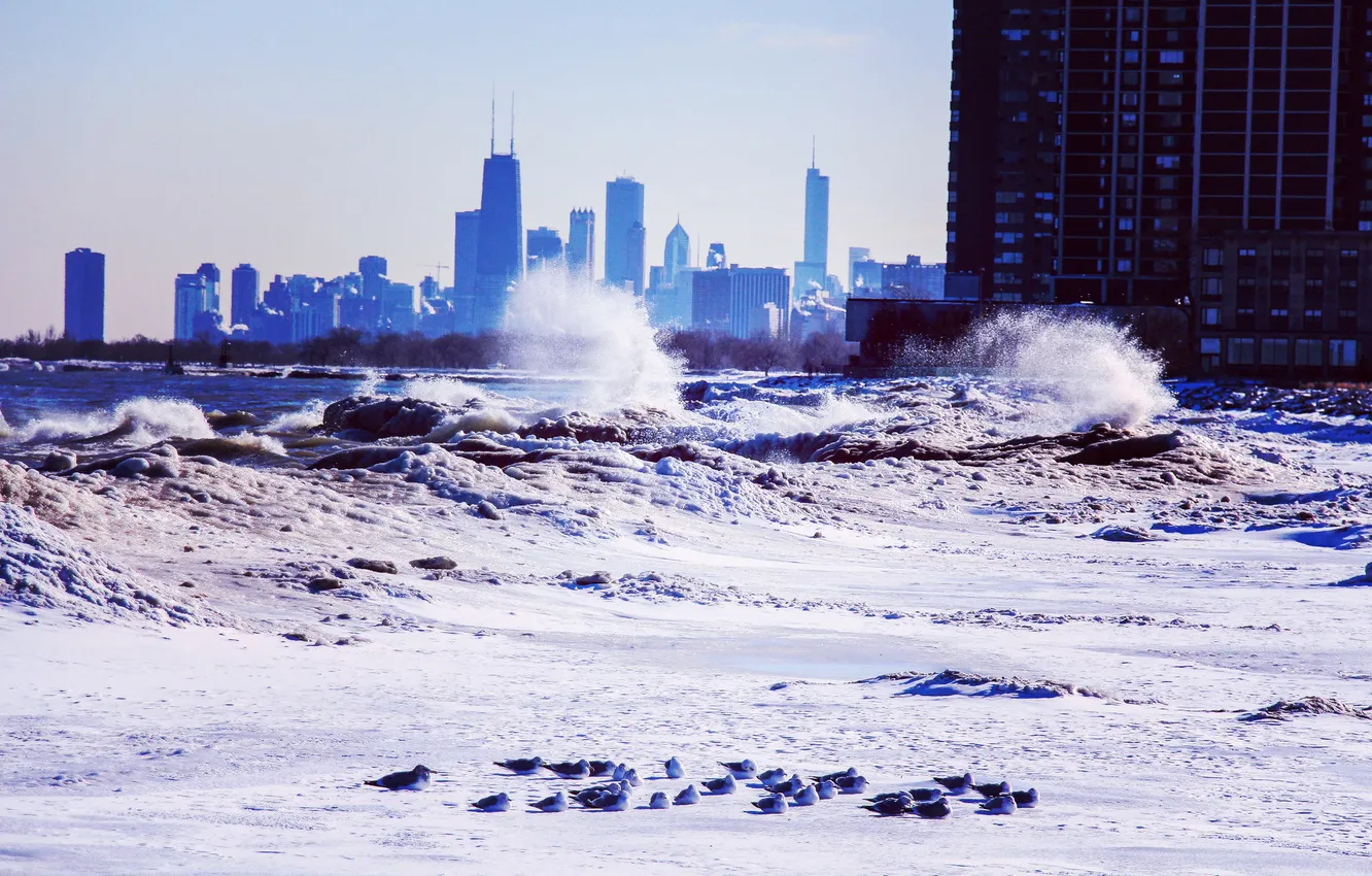 Photo wallpaper winter, wave, snow, skyscrapers, Chicago, USA, Chicago, illinois