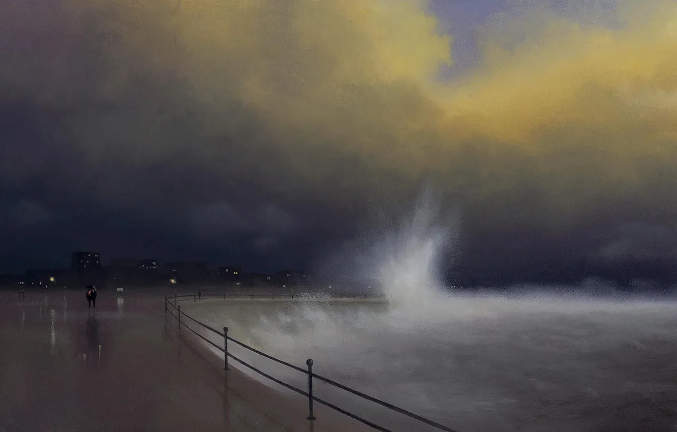 Photo wallpaper sea, wave, night, storm, the city, lights, storm, picture