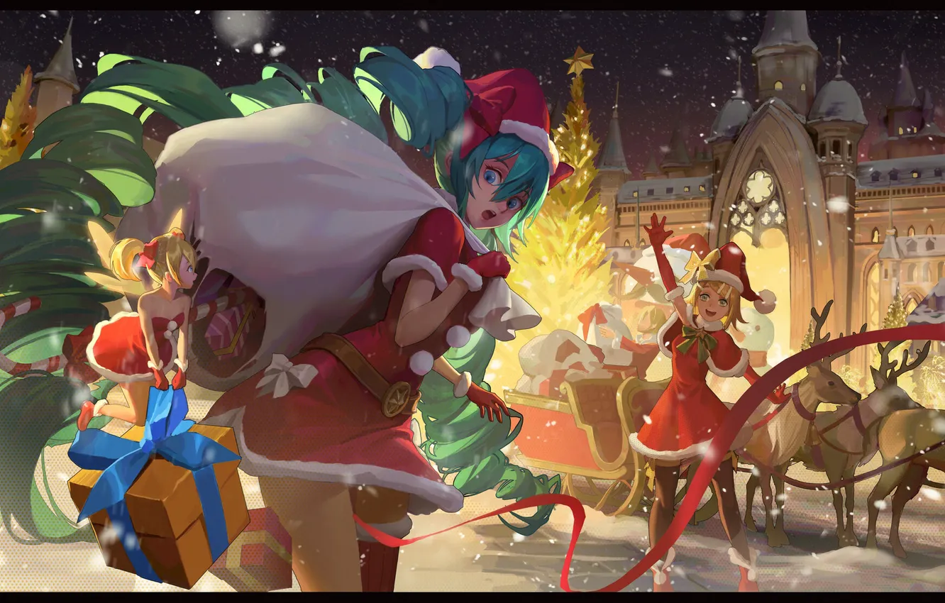 Photo wallpaper castle, vocaloid, deer, Hatsune Miku, Kagamine Rin, a bag with gifts, Christmas tree, Santa's sleigh
