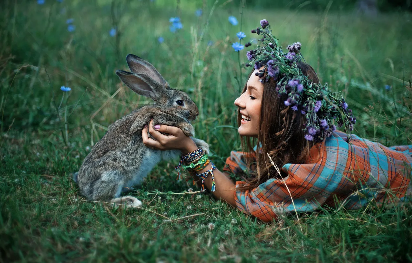Photo wallpaper grass, girl, joy, nature, smile, animal, rabbit, brunette