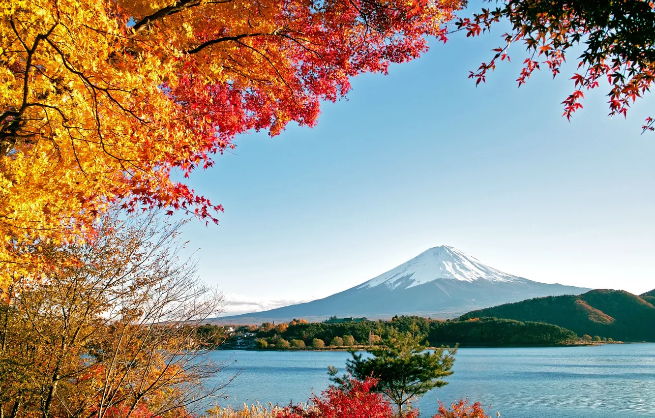 Photo wallpaper sea, autumn, water, trees, mountains, nature, lake, Fuji