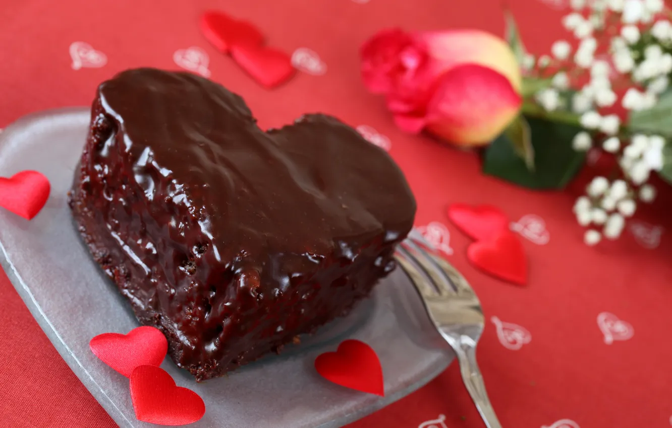 Photo wallpaper flowers, heart, food, chocolate, roses, plate, cake, plate
