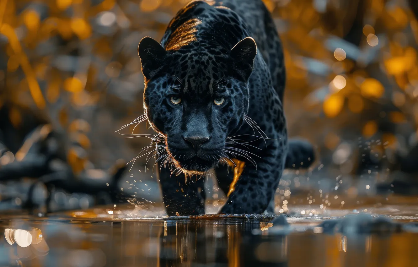 Photo wallpaper look, face, water, squirt, the dark background, black, Panther, pond