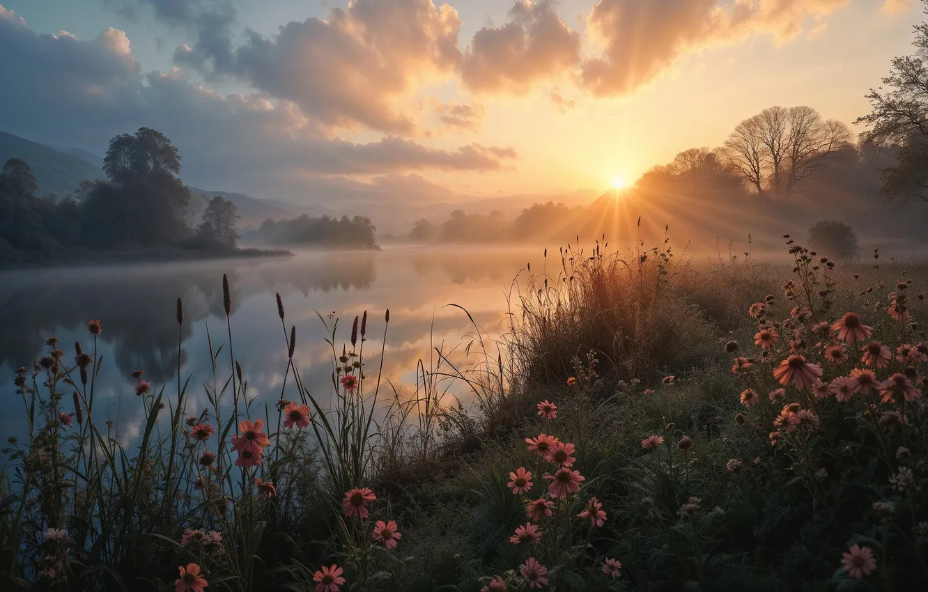 Photo wallpaper summer, grass, the sun, clouds, rays, landscape, flowers, nature