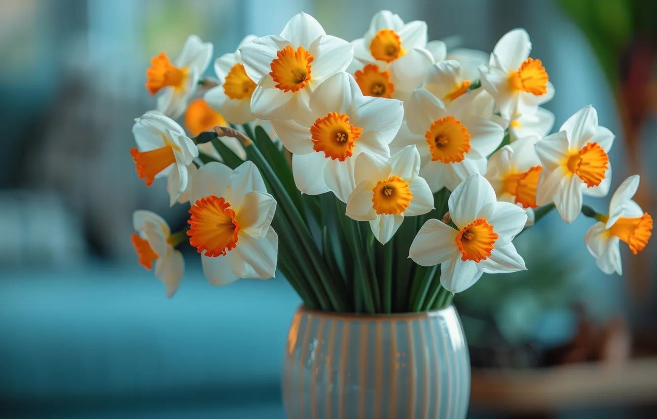 Photo wallpaper flowers, bouquet, spring, vase, blue background, daffodils, AI art, white with yellow