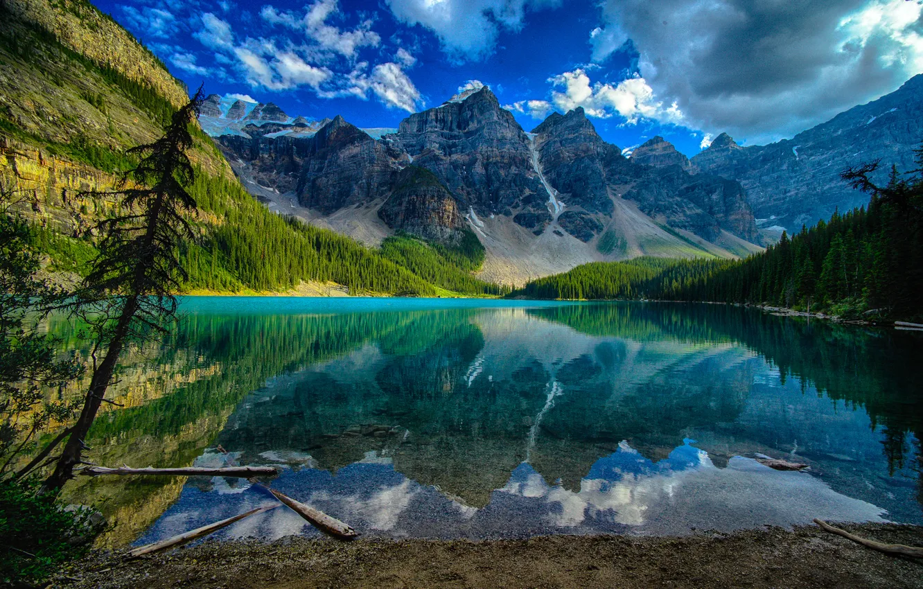 Photo wallpaper the sky, clouds, trees, landscape, mountains, lake, reflection, Canada