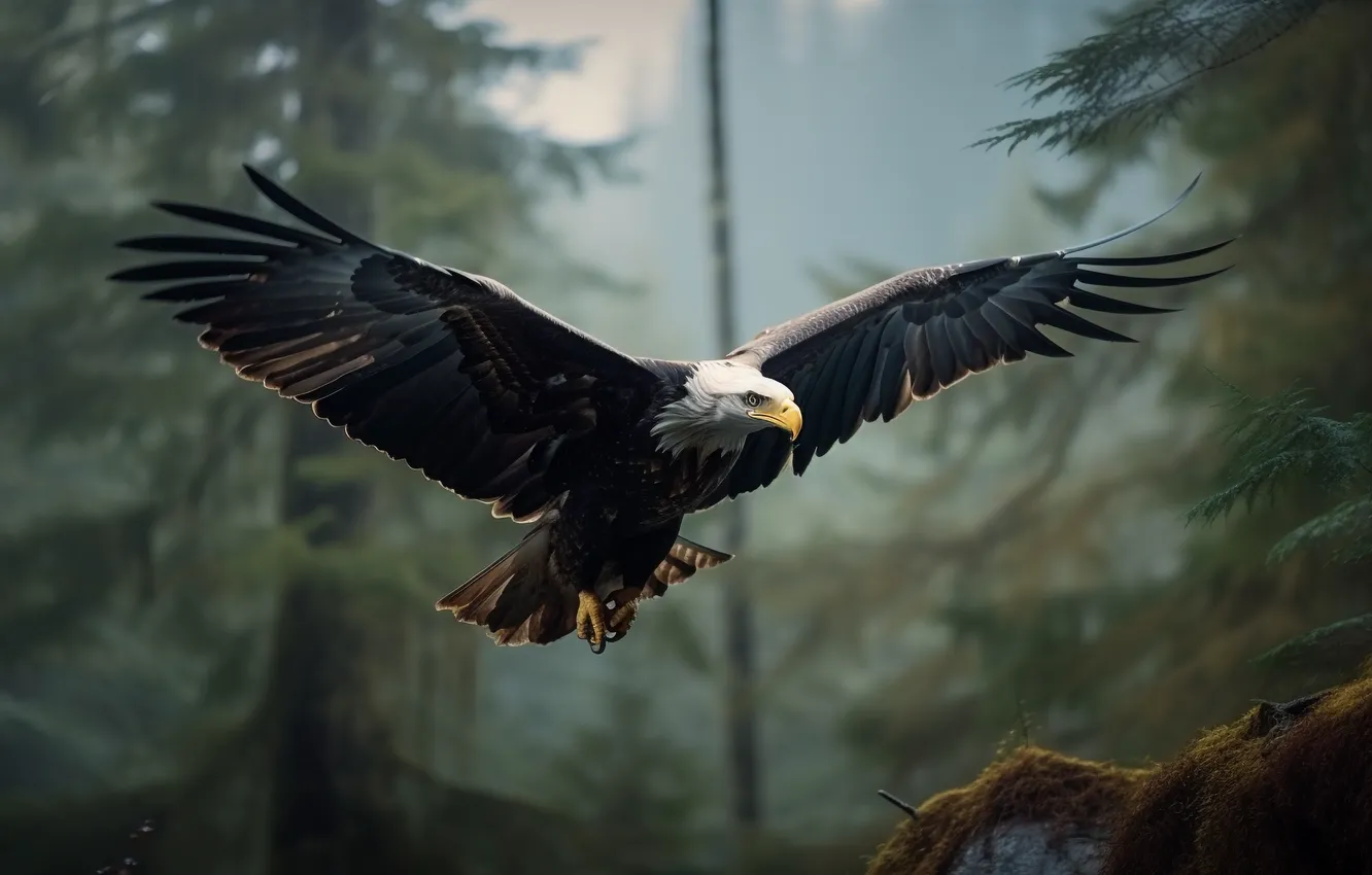 Photo wallpaper trees, flight, bird, eagle, wings, predator, bald eagle, digital art