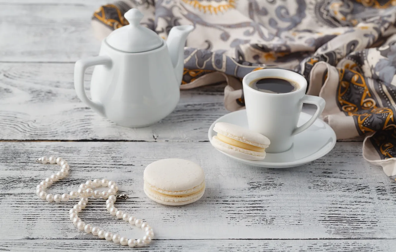 Photo wallpaper coffee, kettle, cookies, Cup, beads, shawl