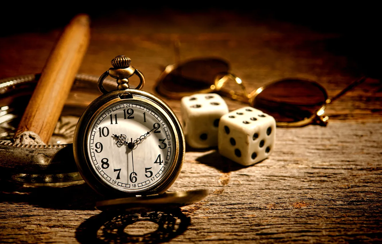 Photo wallpaper table, watch, lighting, glasses, cigar, dial, dice, ashtray