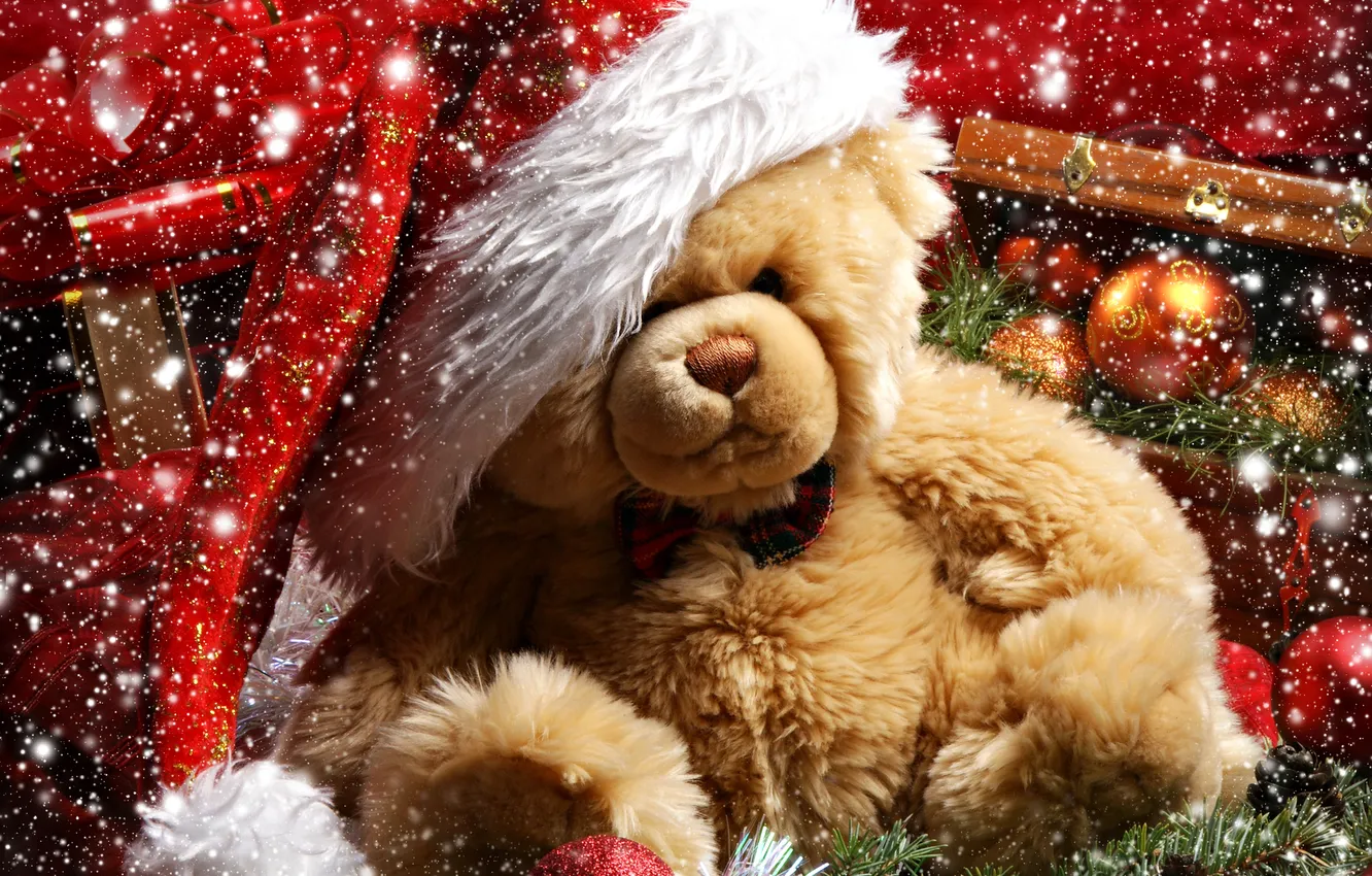 Photo wallpaper snow, decoration, holiday, gift, balls, Christmas, New year, bear