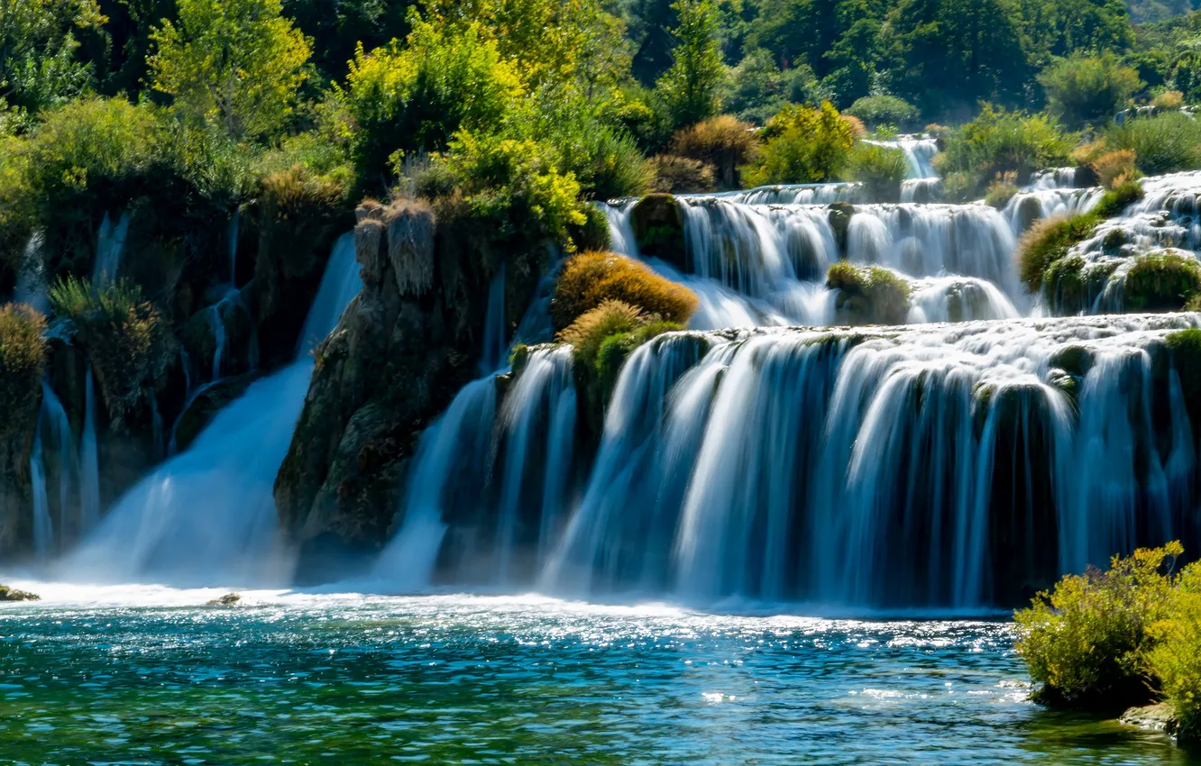 Photo wallpaper greens, light, rocks, shore, waterfall, pond, kostric