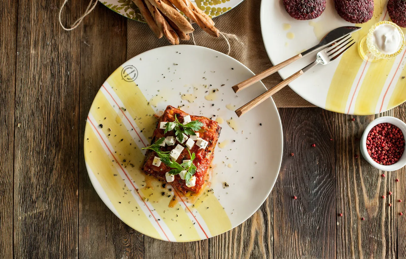 Photo wallpaper greens, sticks, cheese, casserole