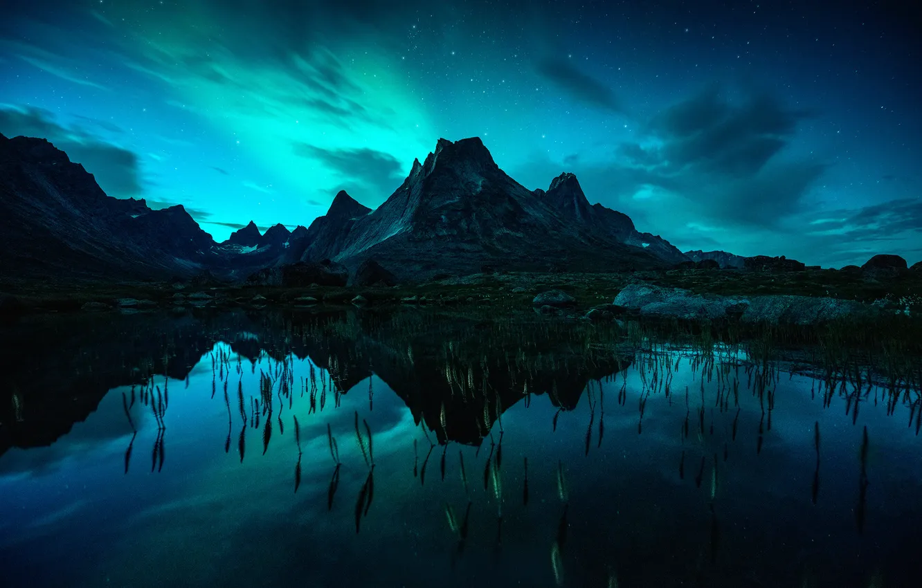 Photo wallpaper mountains, night, reflection, stars