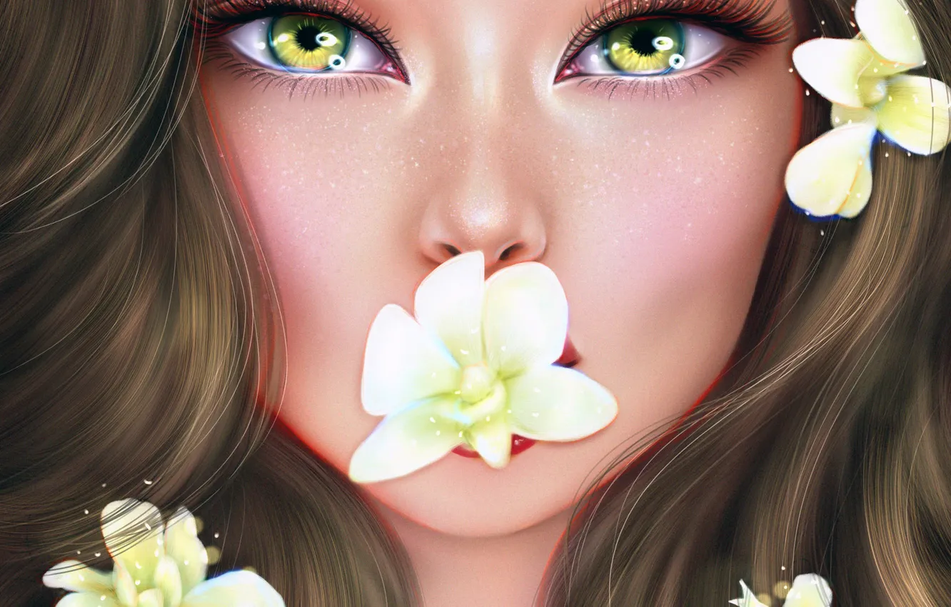 Photo wallpaper eyes, look, girl, flowers, Ainash Kassenova