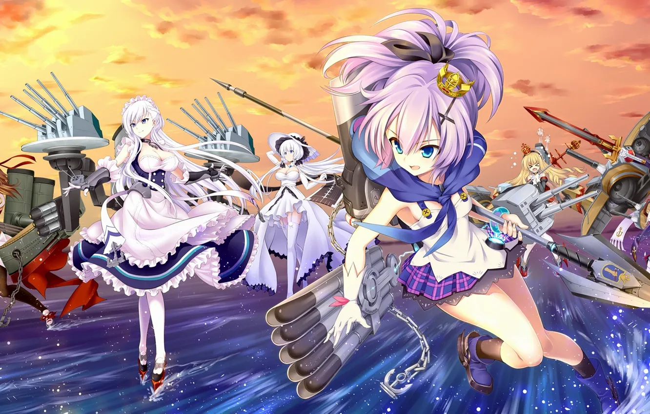 Photo wallpaper kawaii, gun, game, sea, weapon, big, anime, fight