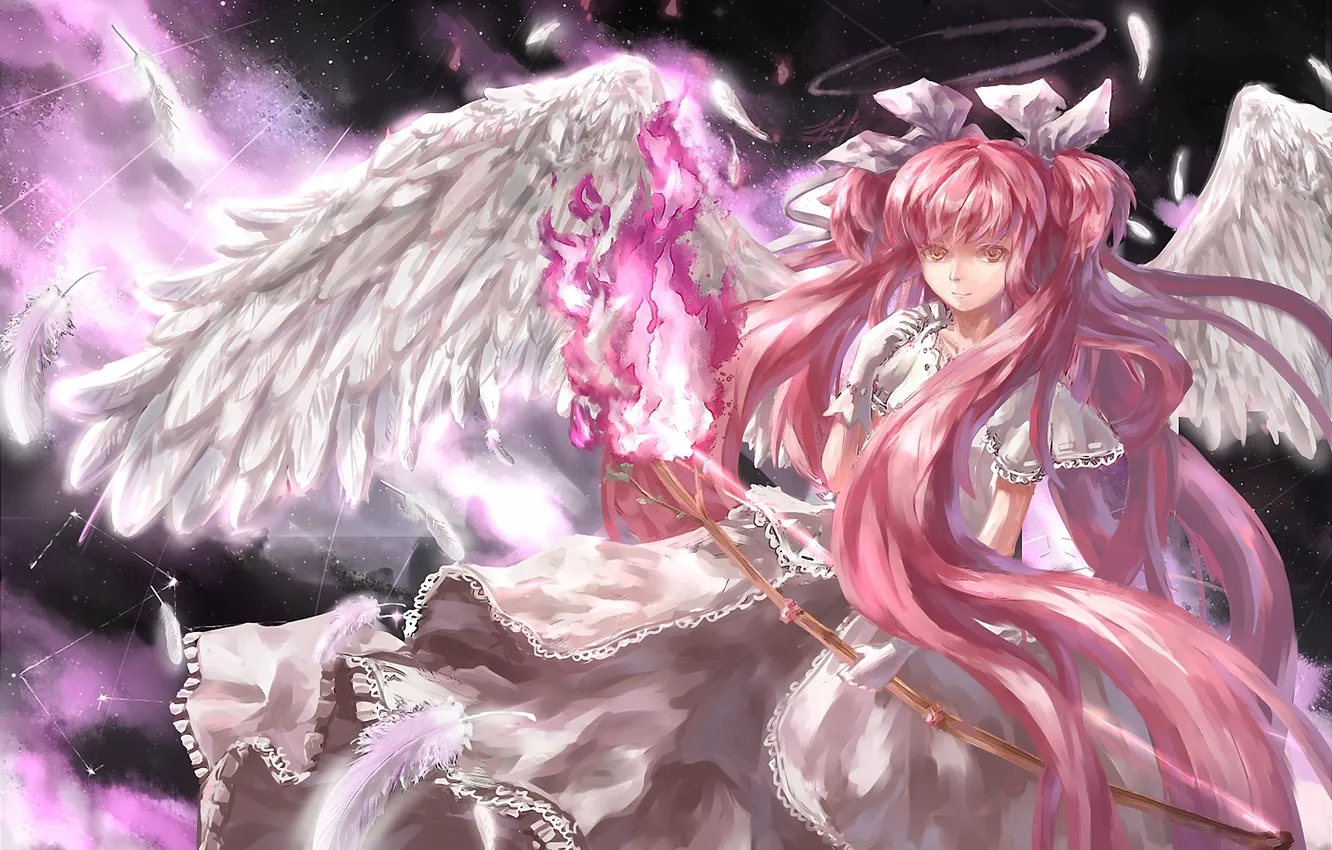 Photo wallpaper girl, magic, wings, angel, feathers, bow, art, constellation