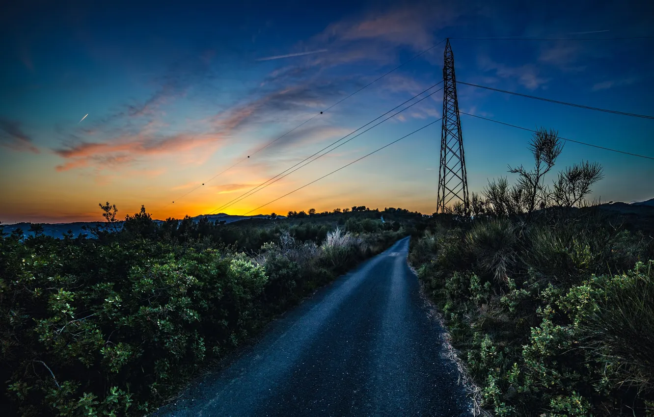 Photo wallpaper road, the sky, sunset, wire, the bushes, power lines, Country Road