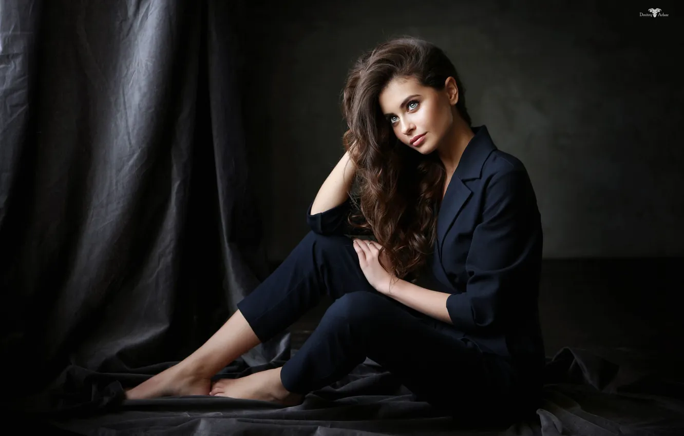 Photo wallpaper look, girl, smile, hair, sitting, Dmitry Arhar, Alina Sabirova