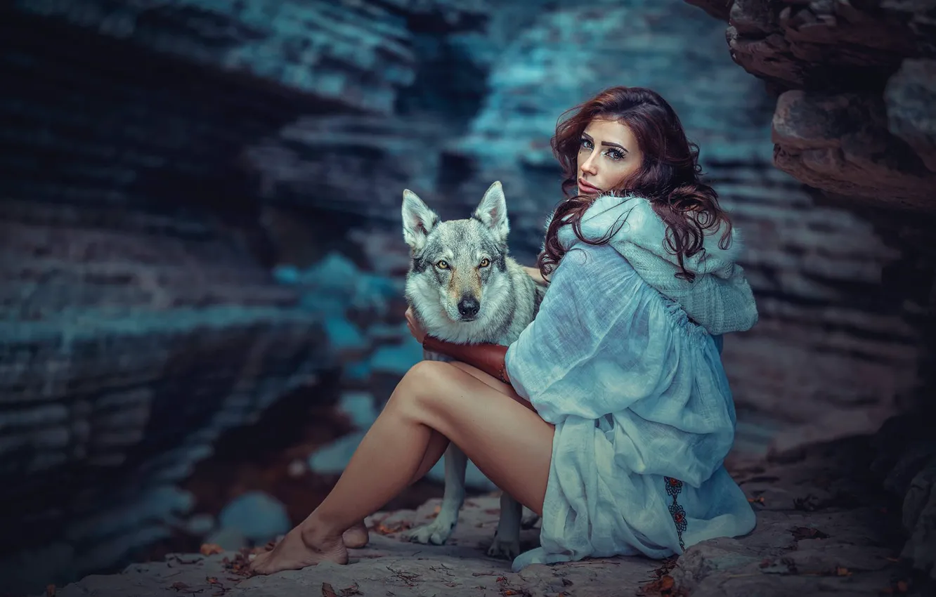 Photo wallpaper girl, dog, cave