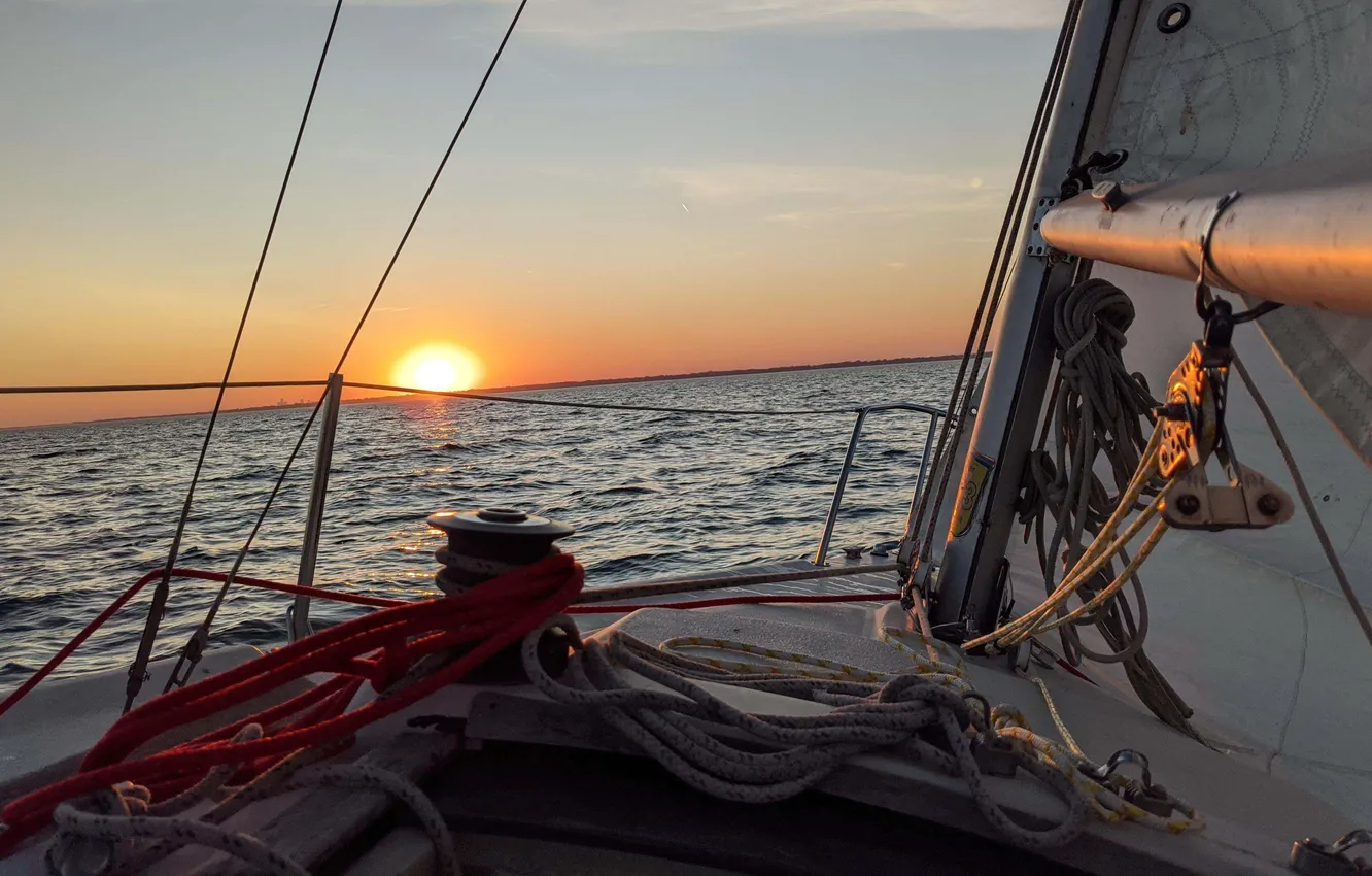 Photo wallpaper sea, the sun, coast, morning, yacht, sail, deck, rigging