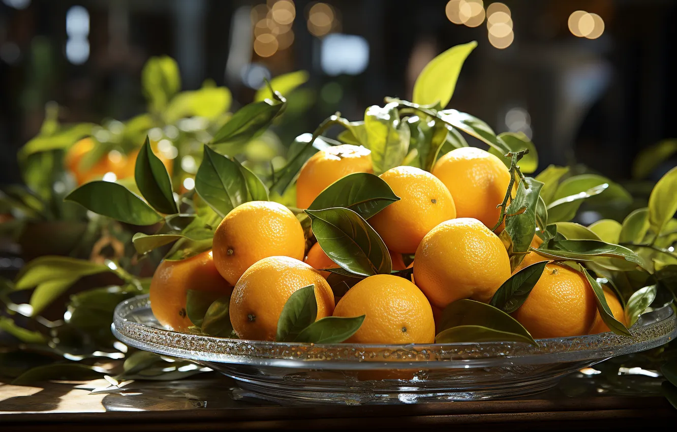 Photo wallpaper glass, leaves, light, glare, table, oranges, fruit, citrus