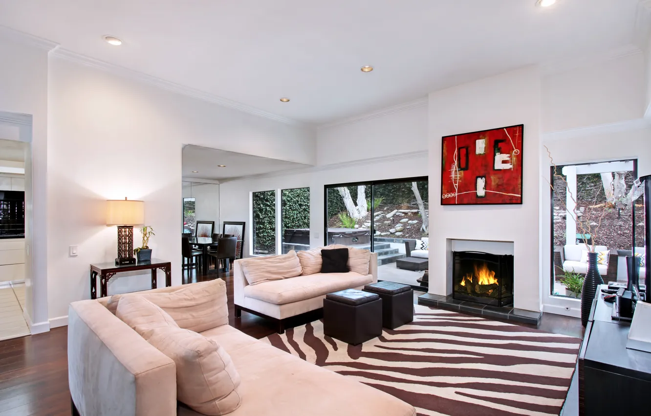 Photo wallpaper sofa, furniture, interior, fireplace, living room