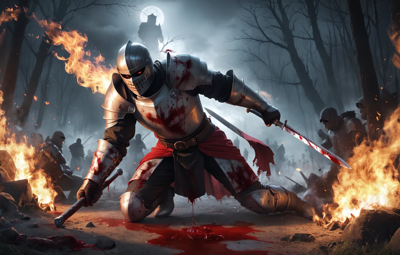 Photo wallpaper fire, Moon, armor, trees, red eyes, men, knight, glowing eyes